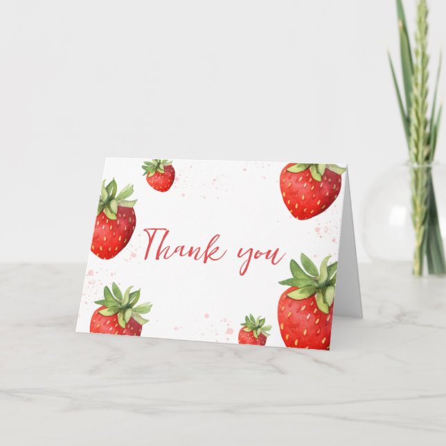 Minimalistisch Red Strawberry Baby Dusche Dankeskarte (Vorderseite)