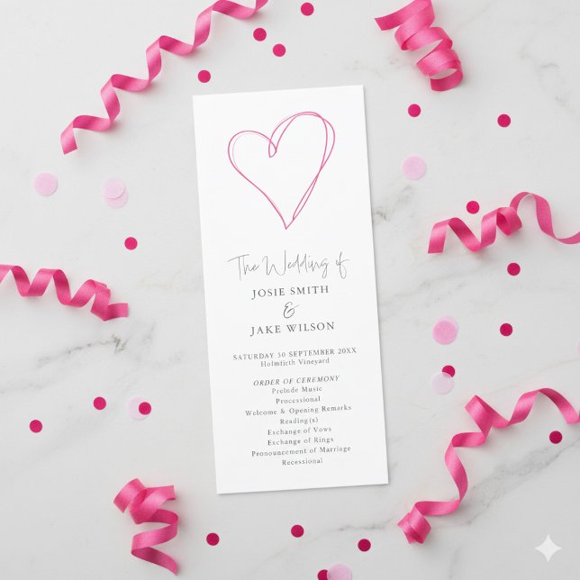 Minimalistisch Romantische Rosa Herzzeremonie Programm (Fun wedding program with hand drawn style pink heart.)