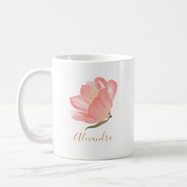 Minimalistisch rosa Blume Personalisiert Kaffeetasse (Links)