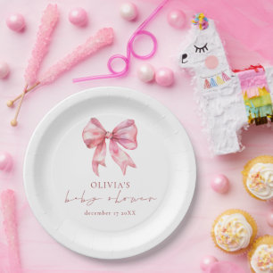 Minimalistisch rosa Coquette Bow Babydusche Pappteller