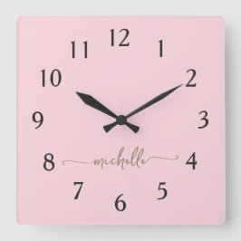 Minimalistisch-Rosa-Gold-Monogramm-Signature-Skrip Quadratische Wanduhr