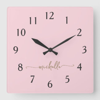 Minimalistisch-Rosa-Gold-Monogramm-Signature-Skrip Quadratische Wanduhr