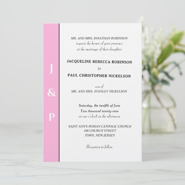 Minimalistisch-Rosa-Monogramm Einladung (Stehend Vorderseite)