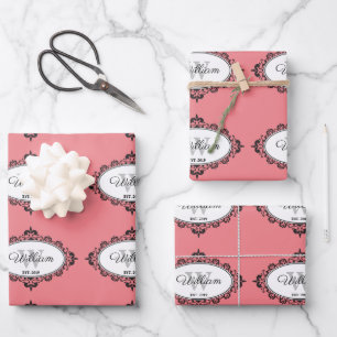 Minimalistisch rosa Vintage Damaselmonogramm Geschenkpapier Set