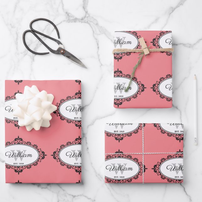 Minimalistisch rosa Vintage Damaselmonogramm Geschenkpapier Set (Vorderseite)