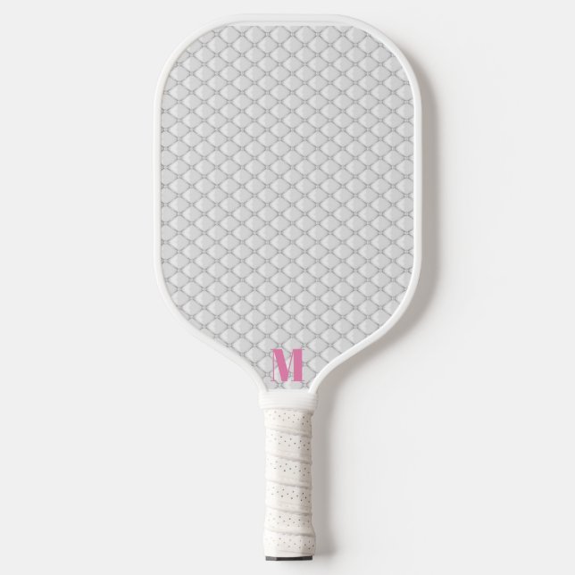 Minimalistisch-Rosa-Weiße Perle Moderne Monogramm Pickleball Schläger (Vorderseite)