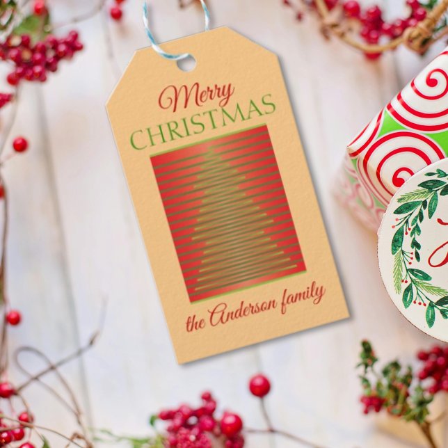 Minimalistisch, rot und grün Frohe Weihnachtsgrüße Geschenkanhänger (Minimalist, striped, green and red Merry Christmas design)