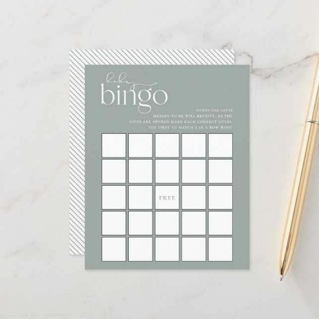 Minimalistisch Sage Green Baby Bingo Game (Vorderseite/Rückseite Beispiel)