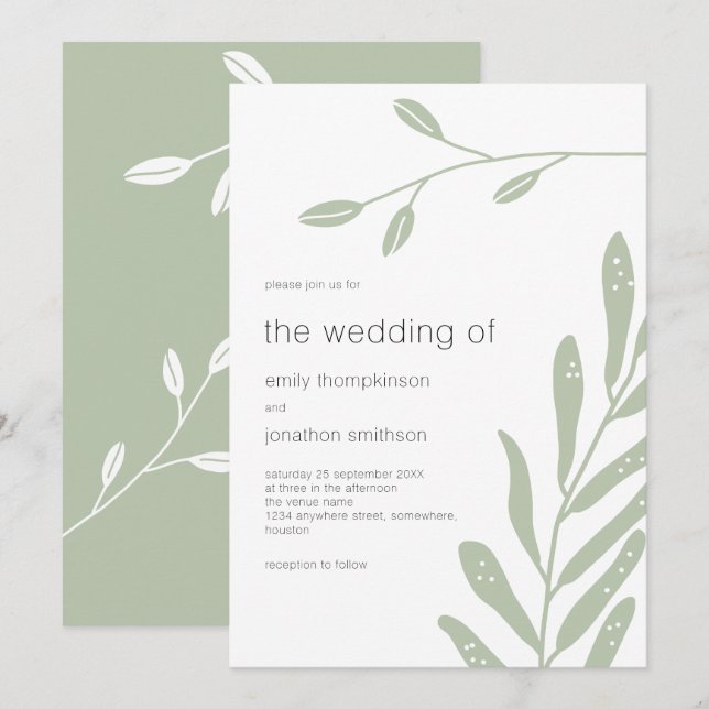 Minimalistisch Sage Green Blätter Hochzeit Einladung (Vorne/Hinten)