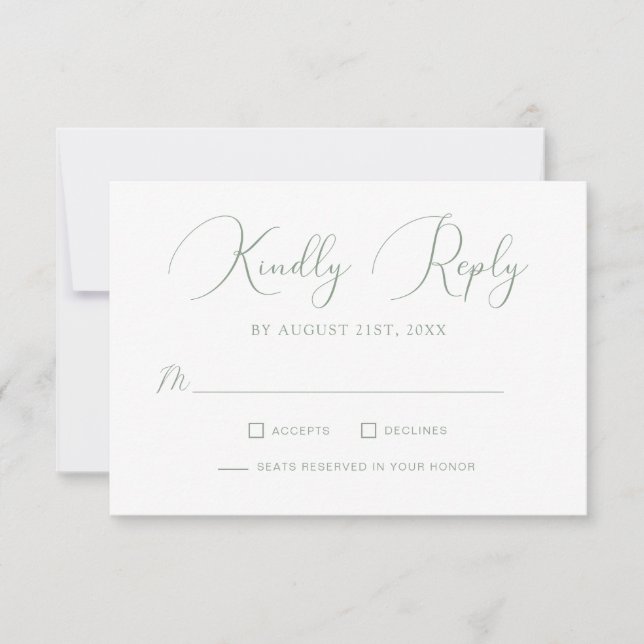 Minimalistisch Sage Green Calligraphy Script Weddi RSVP Karte (Vorderseite)