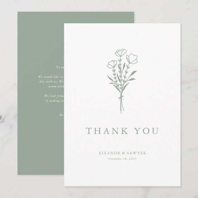 Minimalistisch Sage Green Floral Bouquet Wedding Dankeskarte (Vorne/Hinten)