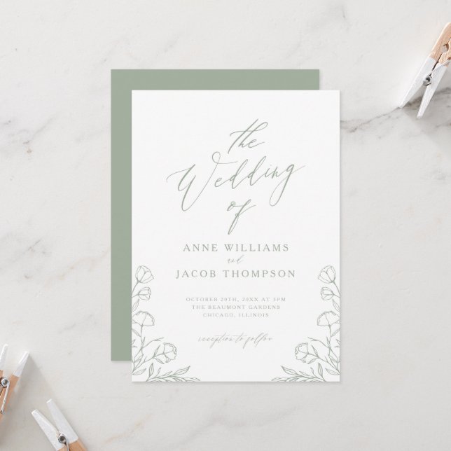 Minimalistisch Sage Green Greenery Boho Floral Wed Einladung (Vorderseite/Rückseite Beispiel)