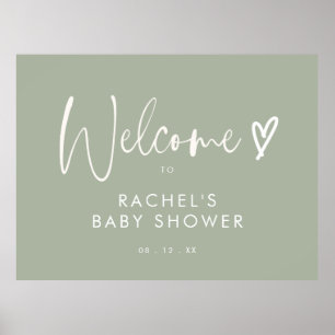 Minimalistisch Sage Green Heart Baby Dusche Willko Poster