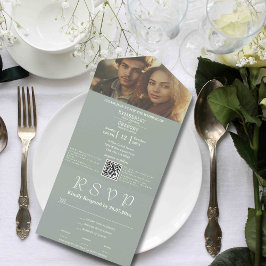 Minimalistisch Sage Green Ivory Foto QR-Code E-Mai All In One Einladung