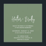 Minimalistisch Sage Green Modern Wedding Einladung<br><div class="desc">Moderne quadratische Hochzeitseinladung mit einem einfachen Design mit Ihren Namen in einer eleganten Schrift Typografie und Ihre Veranstaltungsdetails in einem minimalistischen Sans Serif Schriftart. Alle Designelemente sind in Weiß gehalten,  auf tiefgrünem Hintergrund. Diese schicke Hochzeitseinladung funktioniert gut für eine Sommer- oder Herbsthochzeit.</div>