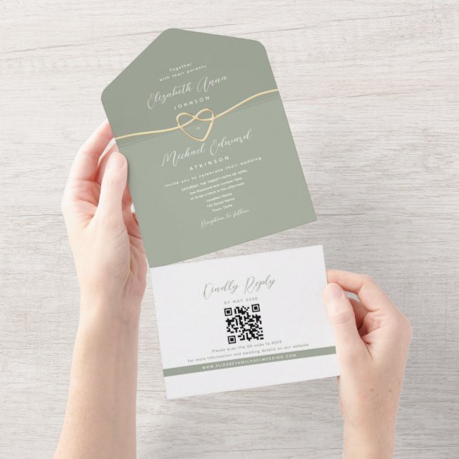 Minimalistisch Sage Green QR Code Hochzeit All In One Einladung (Abreißen)