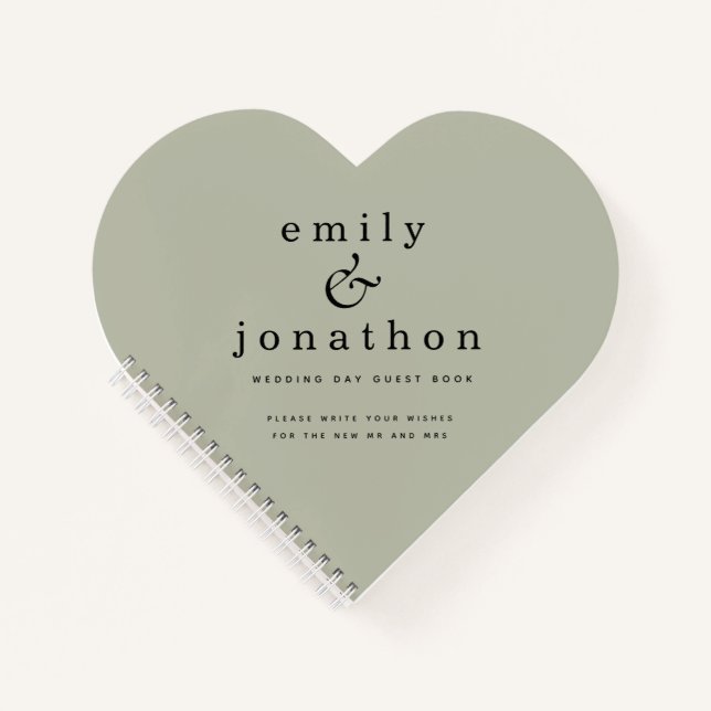 Minimalistisch Sage Green Wedding Heart Gästebuch Notizbuch (Vorderseite)