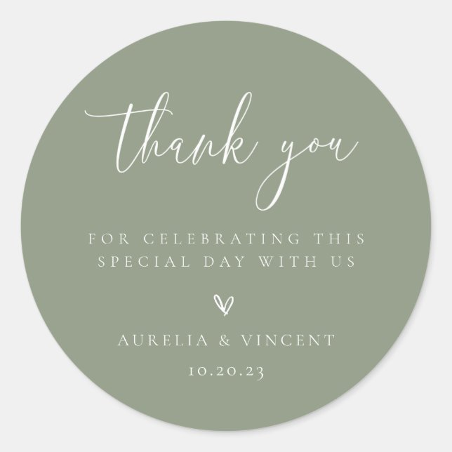 Minimalistisch Sage Green Wedding Vielen Dank Runder Aufkleber (Vorderseite)