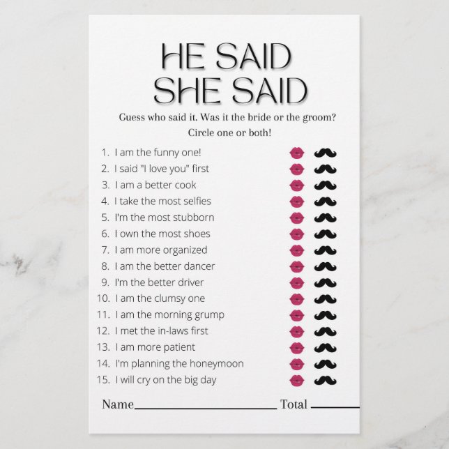 Minimalistisch sagte er, sie sagte Brautparty Game Flyer (Vorne)