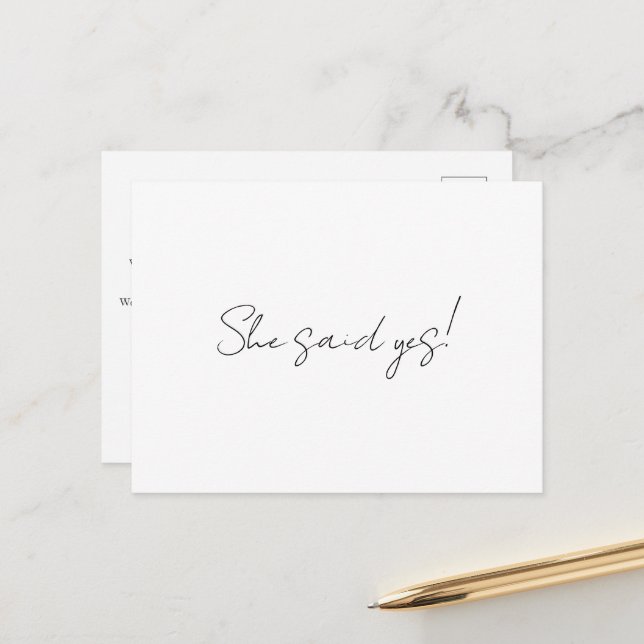 Minimalistisch sagte sie Ja Verlobung Ankündigung Postkarte (Vorderseite/Rückseite Beispiel)