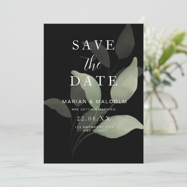 Minimalistisch Save the Date Grüne Eukalyptus Einladung (Stehend Vorderseite)