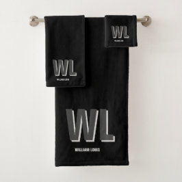 Minimalistisch Schwarz-Grau-Personalisiert-Monogra Badhandtuch Set