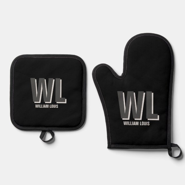Minimalistisch Schwarz-Grau-Personalisiert-Monogra Ofenhandschuh & Topflappen-Set (Vorderseite)