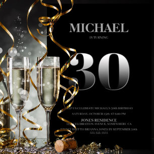 Minimalistisch Schwarz und Silber 30. Geburtstag P Einladung