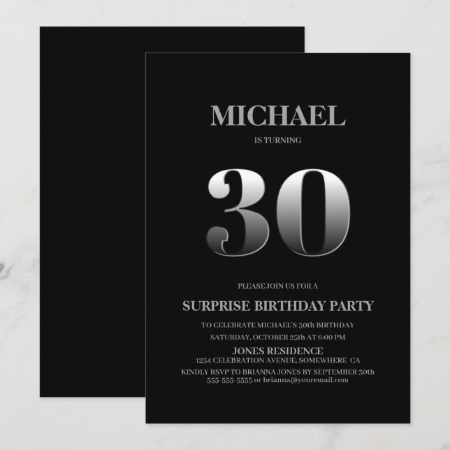 Minimalistisch Schwarz und Silber Überraschung 30. Einladung (Vorne/Hinten)
