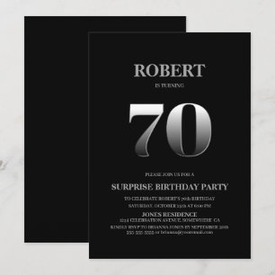 Minimalistisch Schwarz und Silber Überraschung 70. Einladung
