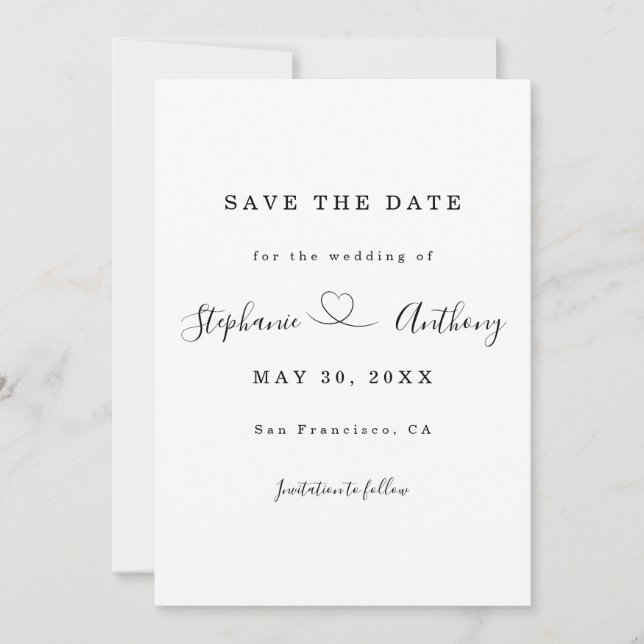 Minimalistisch Schwarz und Weiß mit Herzenshochzei Save The Date (Vorderseite)