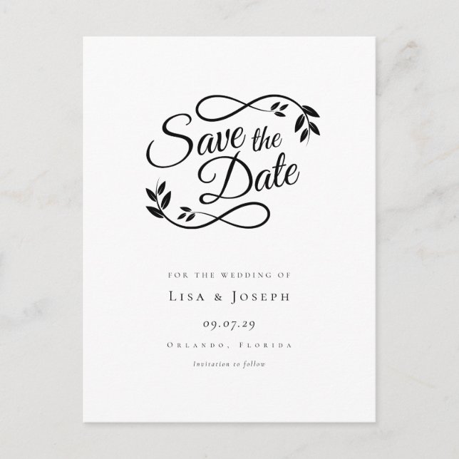Minimalistisch Schwarz und Weiß Save the Date Ankündigungspostkarte (Vorderseite)