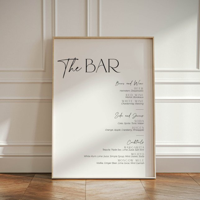 Minimalistisch Schwarz-Weiß-Cocktail-Drink am Bar Sockelschild (Bar menu sign in a minimalist black and white elegant design)