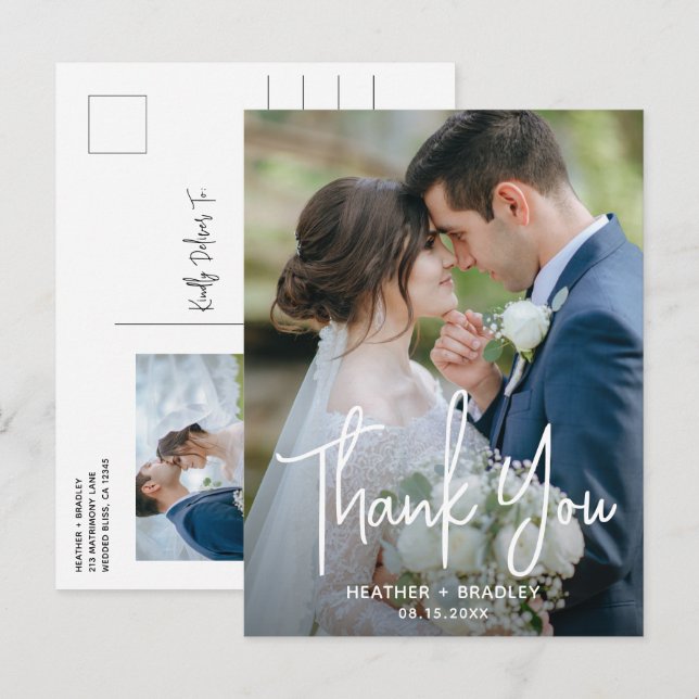Minimalistisch Schwarz-Weiß-Foto Hochzeit Danke Postkarte (Vorne/Hinten)