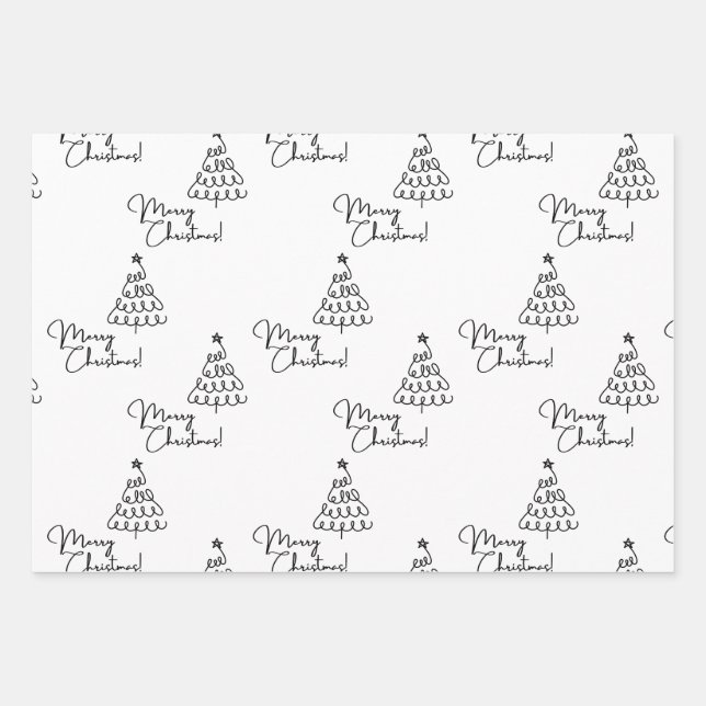 Minimalistisch Schwarz-Weiß-frohe Weihnachtsbaum Geschenkpapier Set (Vorderseite)