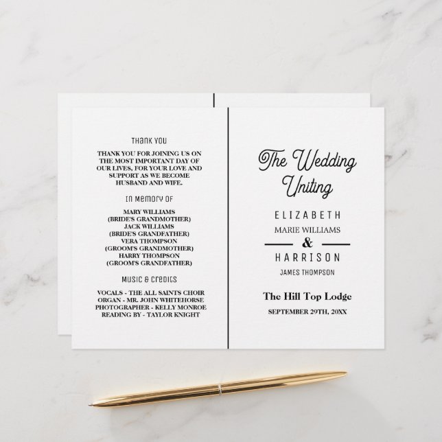 Minimalistisch - Schwarz & Weiß - Hochzeitsprogram (Vorderseite/Rückseite Beispiel)