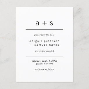 Minimalistisch Schwarz-Weiß-Monogramm Save the Dat Ankündigungspostkarte