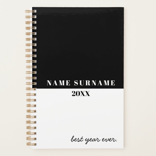Minimalistisch Schwarz/Weiß Personalisiert Planer (Vorderseite)