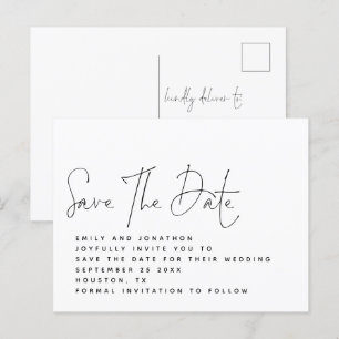 Minimalistisch Schwarz-weißes Skript Save the Date Postkarte