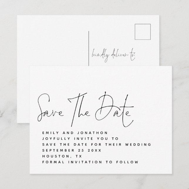 Minimalistisch Schwarz-weißes Skript Save the Date Postkarte (Vorne/Hinten)