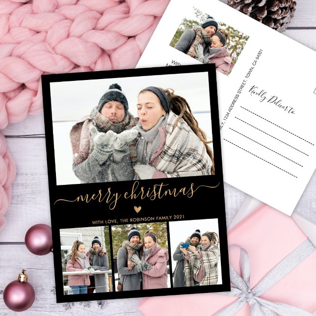 Minimalistisch Schwarzes Gold 4 FotoCollage Weihna Postkarte (Von Creator hochgeladen)