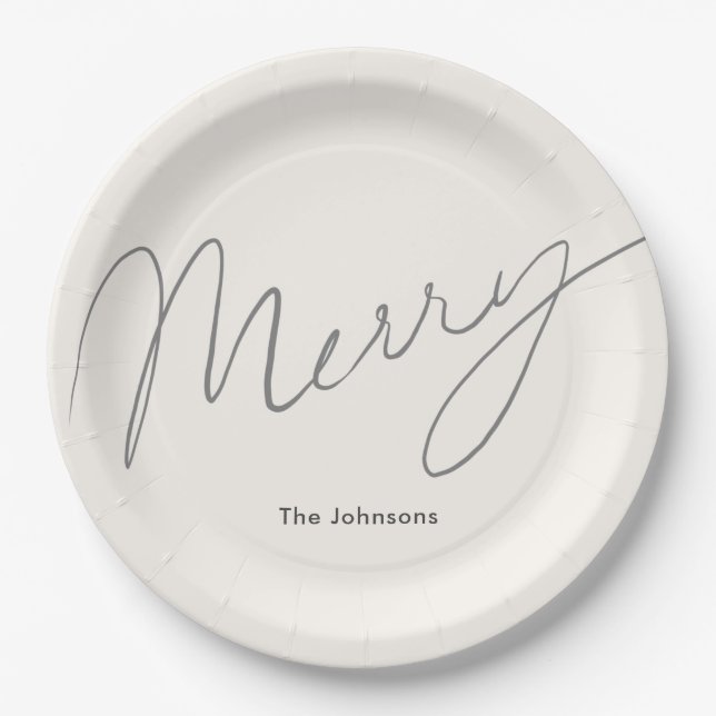 Minimalistisch Script Merry Cream White Pappteller (Vorderseite)