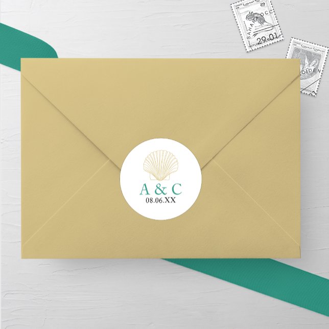 Minimalistisch Seashell Wedding Runder Aufkleber (Von Creator hochgeladen)