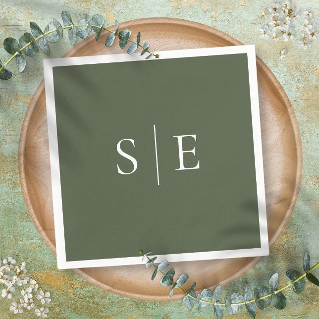 Minimalistisch Serviette (Modern Olive Green Green Monogram Minimalist Napkins)