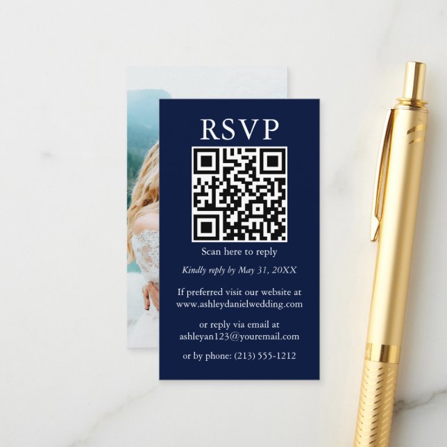 Minimalistisch Simple Wedding QR Foto Blue UAWG Begleitkarte (Vorderseite/Rückseite Beispiel)