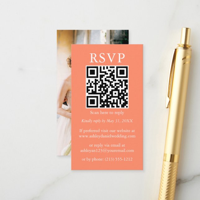 Minimalistisch Simple Wedding QR Foto Coral UAWG Begleitkarte (Vorderseite/Rückseite Beispiel)
