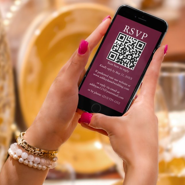 Minimalistisch Simple Wedding QR UAWG Burgundy Karte (Customize to change text size,  text style or background color.)