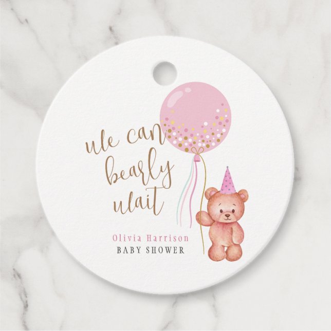 Minimalistisch Teddy Bear Pink Balloon Babydusche Geschenkanhänger (Vorderseite)