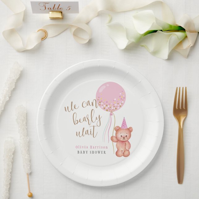 Minimalistisch Teddy Bear Pink Balloon Babydusche Pappteller (Hochzeit)