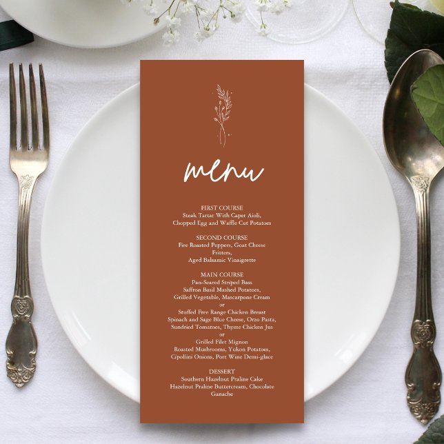 Minimalistisch Terracotta Burnt Orange Boho Weddin Menükarte (Von Creator hochgeladen)